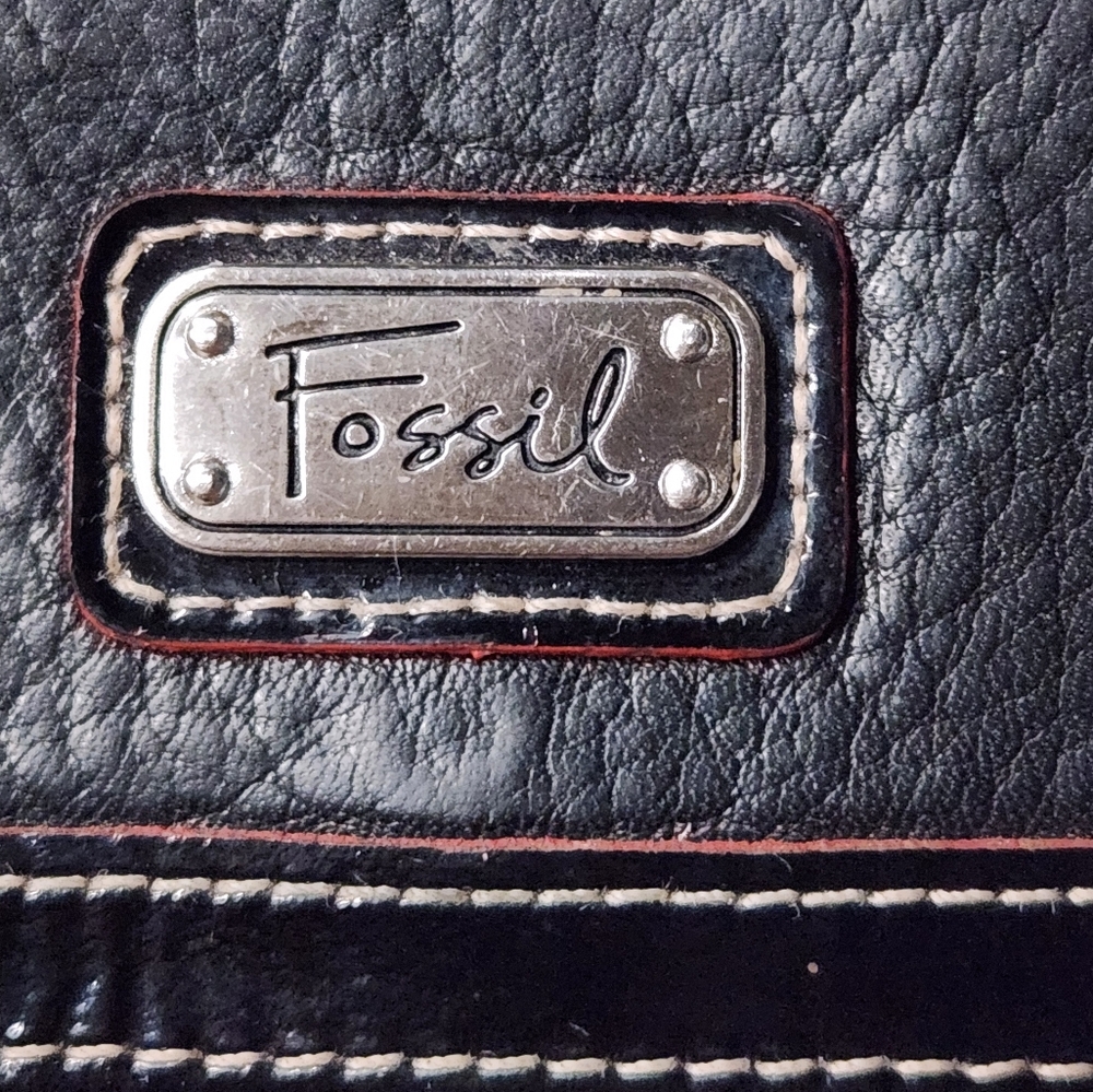 Fossil Women Trifold Black Leather Wallet Brown Trim Soft Patterned Inside - Picture 2 of 7